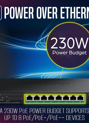 TRENDnet 8-Port 2.5G PoE++ Switch, TPE-BG380, 8 x 2.5GB PoE++ Ports, 230W Poe Power Budget, 40Gbps Switching Capacity, NDAA + TAA Compliant, Lifetime TRENDnet Protection