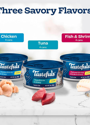 Blue Buffalo Tastefuls Flaked Wet Cat Food Variety Pack, Made with Natural Ingredients, Tuna, Chicken, Fish & Shrimp, 3-oz Cans (12 Count, 4 of Each)