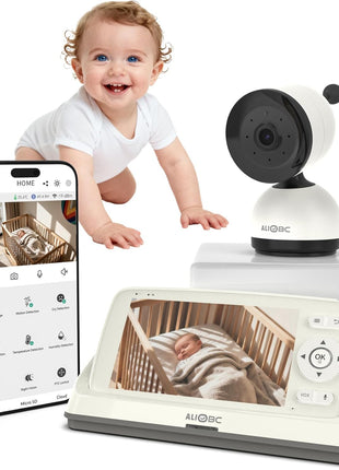 ALIOBC Baby Monitor with Camera and Audio WiFi & No-WiFi Modes AI Smart Baby Camera Cry Detection Night Vision 1080p FHD Camera and 5inch Large Screen Two-Way Talk 1000ft Range Easy Setup for New Parents