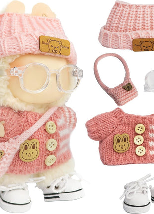 5-Pcs Handmade Crochet Doll Clothes for 15-17cm Plushies, Aesthetic Pink Knitted Set with Bear Velvet Hat, Canvas Shoes & Bag - Soft Dress-up Gear for Art Figures, Idol & Cotton Styles (No Doll)