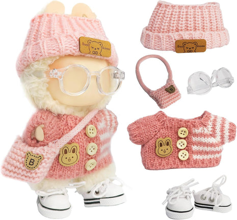 5-Pcs Handmade Crochet Doll Clothes for 15-17cm Plushies, Aesthetic Pink Knitted Set with Bear Velvet Hat, Canvas Shoes & Bag - Soft Dress-up Gear for Art Figures, Idol & Cotton Styles (No Doll)