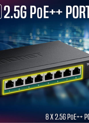 TRENDnet 8-Port 2.5G PoE++ Switch, TPE-BG380, 8 x 2.5GB PoE++ Ports, 230W Poe Power Budget, 40Gbps Switching Capacity, NDAA + TAA Compliant, Lifetime TRENDnet Protection