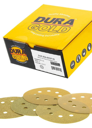 Dura-Gold Premium - Variety Pack - 5" Gold Sanding Discs - 8-Hole Dustless Hook and Loop - 10 Each of Grit (60, 80, 120, 220, 320) - Box of 50 Sandpaper Finishing Discs for Woodworking or Automotive