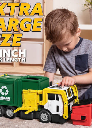 JOYIN Large Friction Powered Garbage Truck Toy Set, Includes 1 Dumpster, 3 Trash Bins, and 30 Learning Cards for Kids, Boy Toys Birthday Gift, Green