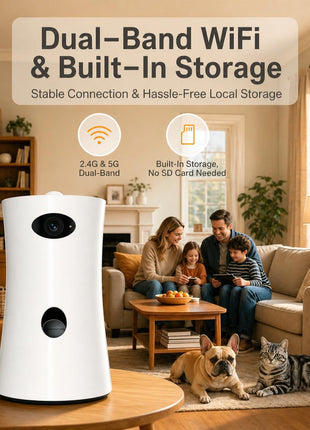 Pet Camera Treat Dispenser, 360° Pet Dog Security Cameras with Phone App, WiFi 5G/2.4G, Two Way Audio, Night Vision, Remote Treat Tossing, Motion Alert for Home Indoor Pet Cat Puppy Monitoring