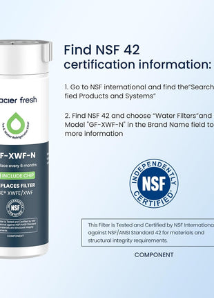 GLACIER FRESH Water Filter Compatible with XWFE (Built-in CHIP), Replacement for GE XWFE, XWF Refrigerator Water Filter NSF/ANSI 42 Certification Pack of 1