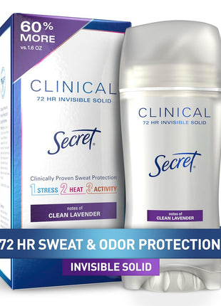 Secret Clinical Strength Invisible Solid Antiperspirant Deodorant for Women, 100HR Sweat & Odor Protection, 3X Stress Protection with Hyaluronic Acid, PH Balanced, Completely Clean Scent, 2.6 oz