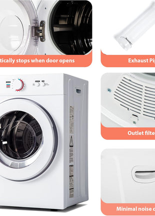 Euhomy Compact Dryer 1.8 cu. ft. Portable Clothes Dryers with Exhaust Duct with Stainless Steel Liner Four Function Small Dryer Machine, Suitable for Apartments, Dorm, RVs, White