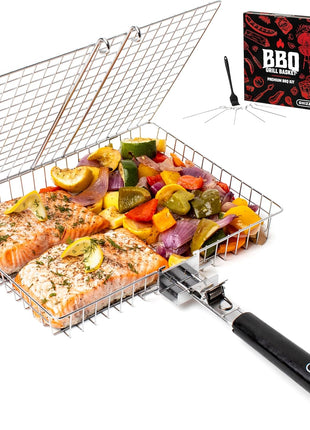 SHIZZO Grill Basket Set, Barbecue BBQ Grilling, Stainless Steel Folding Portable Outdoor Camping Rack for Fish, Shrimp, Vegetables, Cooking Accessories, Gifts for Dad, husband, Friends