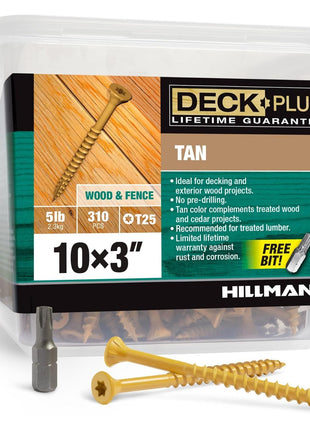 Deck Plus 3 Inch Epoxy Coated Exterior Wood and Fence Screws #10 x 3 Torx/Star Drive Included Coarse Thread, Outdoor Rust Resistant Decking Screw, Tan, 5 lb Box, 310 Pieces | 48419