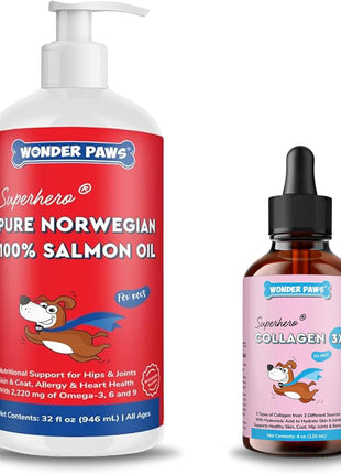 100% Norwegian Salmon Oil Plus Liquid Collagen - for Dog Skin, Coat & Allergy Support – Salmon Oil 32 Ounces – Liquid Collagen 4 Ounces