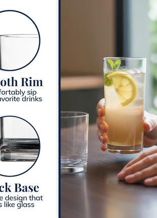 US Acrylic Classic Clear Plastic Reusable Drinking Glasses (Set of 8) 12oz Rocks & 16oz Water Cups | BPA Free Tumblers, Made in USA | Top Rack Dishwasher Safe