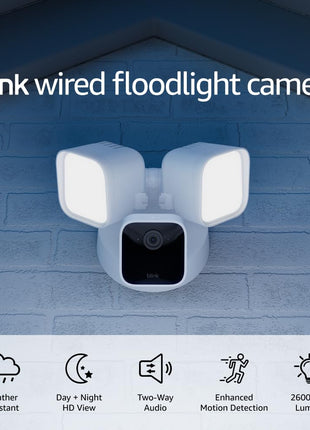 Blink Wired Floodlight Camera, Smart security camera, 2600 lumens, HD live view, enhanced motion detection, built-in siren, Works with Alexa, 1 camera (White)