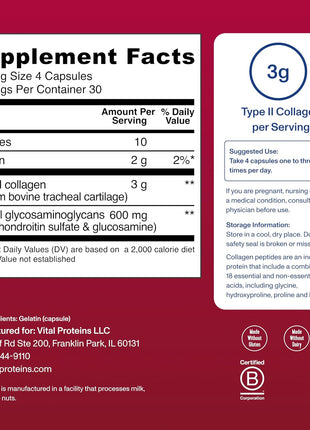 Vital Proteins Cartilage Collagen, Type II, 120 Capsules | Grass-fed Type II Collagen & Chondroitin Sulfate, Supports Joint Health, Hair Skin & Nails, 30 Servings