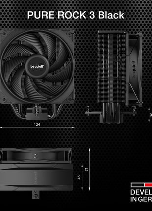 be quiet! Pure Rock 3 Black CPU Air Cooler | 4 High Performance 6mm Heat Pipes with HDT Technology | 120mm PWM Fan | AMD:AM4 AM5/Intel LGA 1700/1150/1151/1200 | Black | BK039