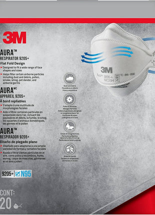 3M Aura Particulate N95 Respirator 9205+, Flat Fold Lightweight Design, Non-Valved, 20 Count (Pack of 1)