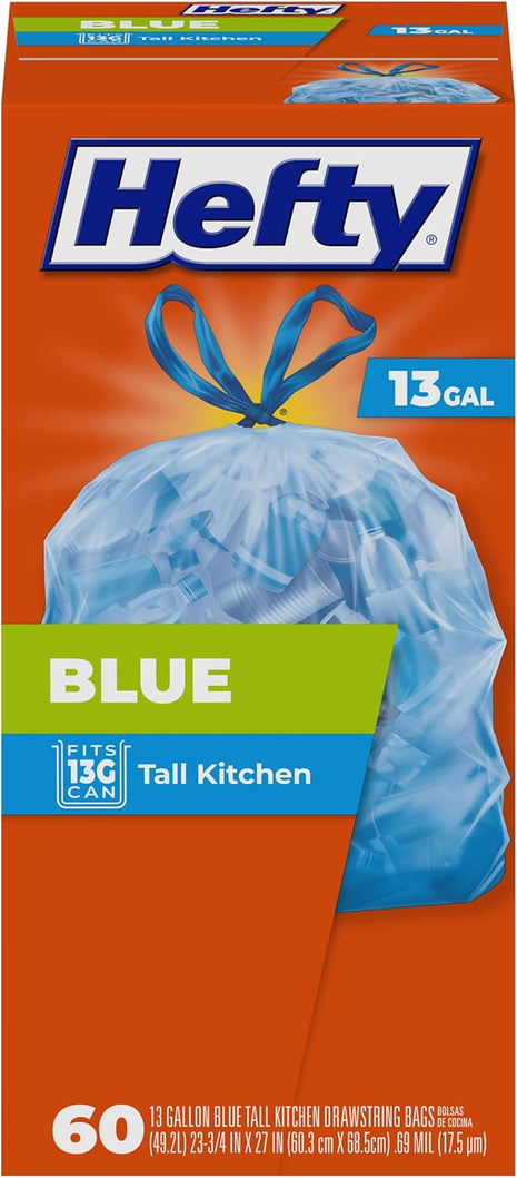 Hefty Blue Trash Bags, Blue, 13 Gallon, 60 Count | 13G Kitchen Trash Bags, Drawstring Closure, Puncture-Resistant, Use in Kitchen, Laundry Rooms, or for Storage