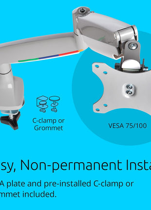Kensington SmartFit One-Touch Monitor Arm – Height Adjustable Gas Spring for Single Monitor, 13′′–32′′, 360° Rotation, ±90° Tilt, Cable Management – White (K55470WW)