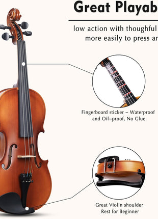 ADM 1/4 Size Wood Violin Set for Kids Teens Students Adults Beginner Acoustic Violin Matte Fiddle Starter Kit with Hard Case, Rosin, Shoulder Rest, Bow, Clip-on Tuner and Fingerboard Sticker