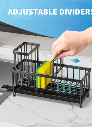 Cisily Sponge Holder for Kitchen Sink, Sink Caddy Organizer with High Brush Holder, Kitchen Countertop Organizers and Storage Essentials, Rustproof 304 Stainless Steel (Black, 9.25′′)