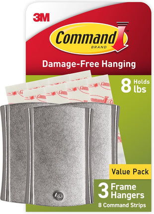 Command 8 lb Jumbo Universal Picture Hanger, 3 Frame Hangers and 8 Command Strips for Sawtooth, D-Ring, Wire, Keyhole and Other Frames, Damage-Free Hanging for Home Decor