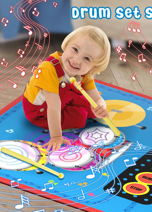 2-in-1 Musical Mat Toys for 1 2 3 4 5 Year Old, Piano Keyboard & Drum Set with 2 Drum Sticks, Early Educational Musical Learning Toys Birthday for 1 2 3 4 5 Year Old Boys & Girls, Blue