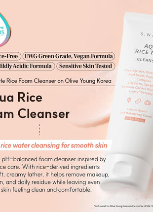 S.NATURE AQUA RICE FOAM CLEANSER | Facial Cleanser, Rice Extract Rice Powder Cleanser with Mild Cleansing, Glycerin,Vegan, Face Wash, Korean Skincareᅵ 160ml 5.4 Fl Oz