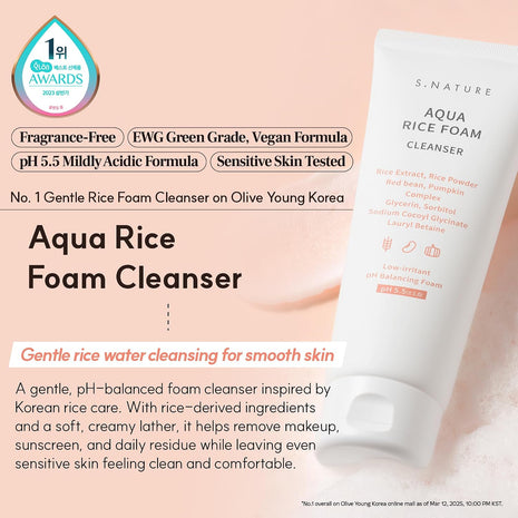 S.NATURE AQUA RICE FOAM CLEANSER | Facial Cleanser, Rice Extract Rice Powder Cleanser with Mild Cleansing, Glycerin,Vegan, Face Wash, Korean Skincareᅵ 160ml 5.4 Fl Oz