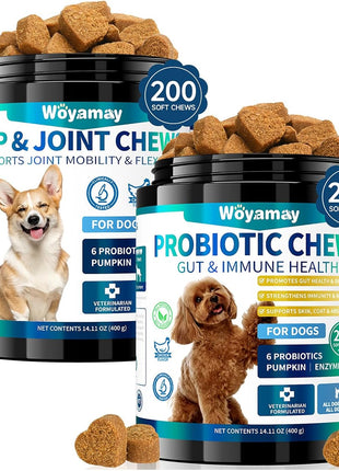 Dual-Action Dog Probiotics & Hip/Joint Supplement - 200 Soft Chews with Glucosamine, Chondroitin, MSM, Probiotics for Digestion, Immune & Joint Health, Gas Relief, Chicken Flavor (All Ages/Breeds)