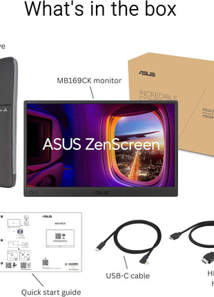 ASUS ZenScreen 15.6" Portable Monitor for Laptop (MB169CK) - Dual USB-C, Mini-HDMI, Plug & Play External Screen for Travel Dual Setup, Full HD, IPS, Anti-Glare Surface, 360° Kickstand, 3yr Warranty