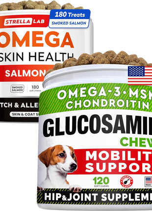 Omega 3 + Glucosamine Dogs Bundle - Allergy & Itch Relief Skin&Coat Supplement - Omega 3 & Pumpkin + Chondroitin, MSM - Dry Itchy Skin, Hot Spots Treatment + Hip & Joint Care - 300 Chews - Made in USA