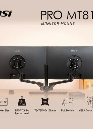 MSI PRO MT81D - Premium Aluminum Dual Monitor Stand Arms, Supports 17-32" & 17.6 lbs per Screen, VESA Compatible, Adjustable Desk Mount, Clamp & Grommet Base, Quick Release Plate - Black