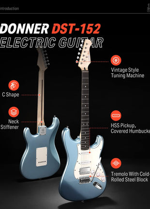 Donner DST 152R Electric Guitar, 39 inch Beginner Electric Guitar Kit, HSS Pickup with Coil Split, Guitar Starter Set with Amp, Bag, All Accessories, Metallic Ice Blue