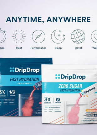 DripDrop Sugar Free Hydration Packets   Zero Classic Variety Pack   Single Serve Electrolytes Powder Drink Mix   Lemon Lime, Watermelon, Peach, Passion Fruit   Non GMO, Gluten Free, Vegan   32 Sticks