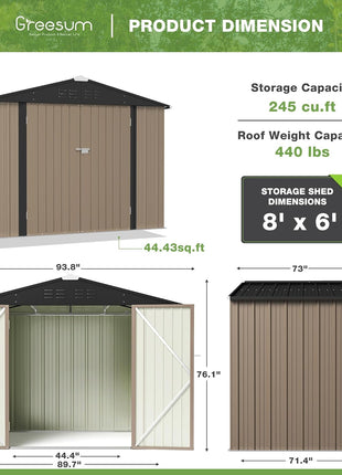 Greesum Outdoor Storage Shed 6 x 8 ft. Utility Tool Shed Metal Storage Garden Shed with Door & Lock for Patio Storage, Brown