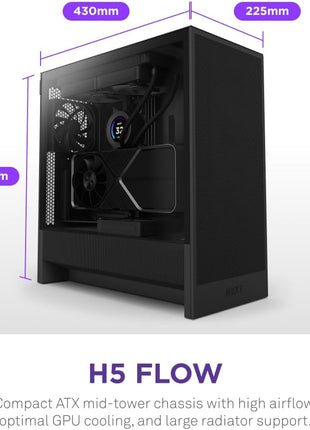 NZXT H5 Flow 2024 - Compact ATX Mid-Tower PC Gaming Case - High Airflow - 2 x 120mm Fans Included - 360mm Front & 240mm Top Radiator Support - Cable Management System - Tempered Glass - Black