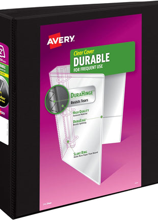 Avery Durable View 3 Ring Binder, 2 Inch Slant Rings, 530-Sheet Capacity, DuraHinge, 2.8 Inch Wide Spine, Customizable Clear Cover and Spine, 1 Black Binder (17031)