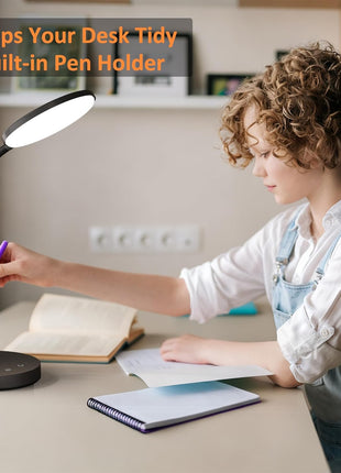 Desk Lamp, LED Desk Lamp for Home Office, Touch Table Lamp with 3 Color Modes 360° Adjustable Arm, Dimmable Desk Light with Pen Phone Holder, Black