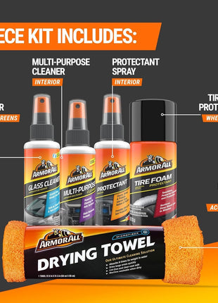 Armor All Car Wash and Car Interior Cleaner Kit, Includes Towel, Tire Foam, Glass Spray, Protectant Spray and Cleaning Spray, Multicolor, 5 Count (Pack of 1)