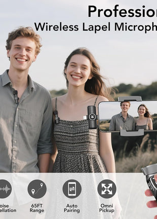 Wireless Lavalier Microphone, Mini Clip-On Mic with Noise Reduction | For iPhone, Android & iPad | USB-C & Lightning Compatible | Plug & Play for Video Recording, TikTok & YouTube
