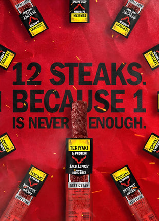 Jack Link's Beef Steak, Teriyaki - Protein Snacks, Meat Snack with 9g of Protein, Made with 100% Beef, Individually Wrapped Bulk Snack Pack, Keto Friendly - 1 Oz. (12 Count)