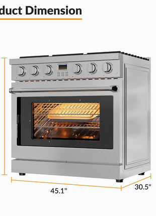 36 Inch Freestanding Dual Fuel Range Oven Stove, 6.0 Cu. Ft True Convection and Self Clean, Cooktop 6 Sealed Gas Burners, Stainless Steel