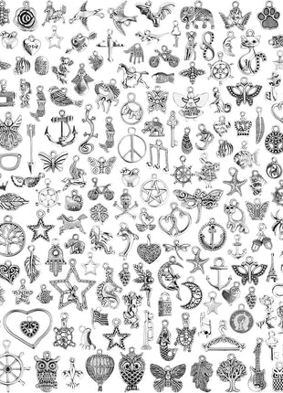 JIALEEY 200 PCS Wholesale Bulk Lots Jewelry Making Charms Mixed Smooth Tibetan Silver Metal Charms Pendants DIY for Necklace Bracelet Jewelry Making and Crafting