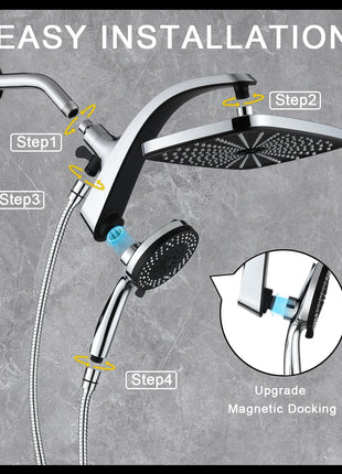 12" High Pressue Rain Shower Head with Handheld, 9 Sprays Hand Showerhead | Shower Heads with Handheld Spray Combo, Dual Head, Built-in Magnetic Docking, Power Jets, 59" Shower Hose, Chrome 1.8GPM