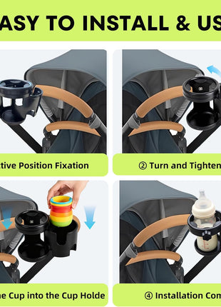 Cup Holder for Uppababy Vista V3, 2-in-1 360° Rotatable Cup Holder, Drink & Bottle Holder Compatible with Nuna, Mockingbird, Evenflo, Fits Bottles & Drink Cups, for Stroller, Wheelchair, Bike