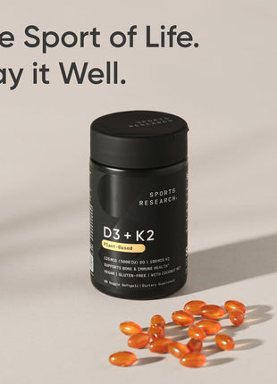 Sports Research® Vitamin D3 + K2 w/ Coconut Oil - Vegan Vitamin D 5000iu & Mk7 Vitamin K 100mcg for Bone & Immune Support - Vegan Certified · Non-GMO · Soy Free - 60 Softgels