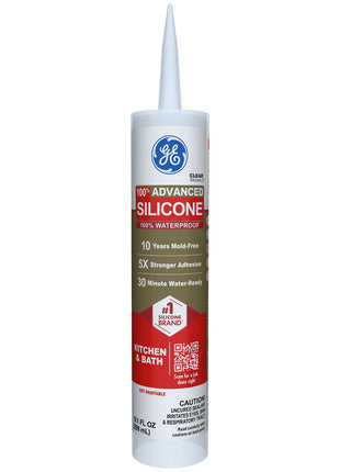 GE Advanced Silicone Caulk for Kitchen & Bathroom, White, 10 fl oz Cartridge, 1 Pack - 100% Waterproof Silicone Sealant, 5X Stronger Adhesion, Shrink & Crack Proof