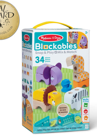 Melissa & Doug BlockablesTM Safari Snap and Play, Mix and Match Connectable Wooden Building Blocks Play Set Toy for Preschool Boys and Girls (34 Pcs)