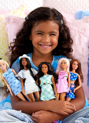 Barbie Fashionistas Doll #237 with Wavy Blonde Ponytail Wearing Blue Bow Halter Dress, Black Hair Bow Accessory and Matching Blue Heels | Blue Bow Halter Dress, Black Hair Bow Accessory, Matching Blue Heels