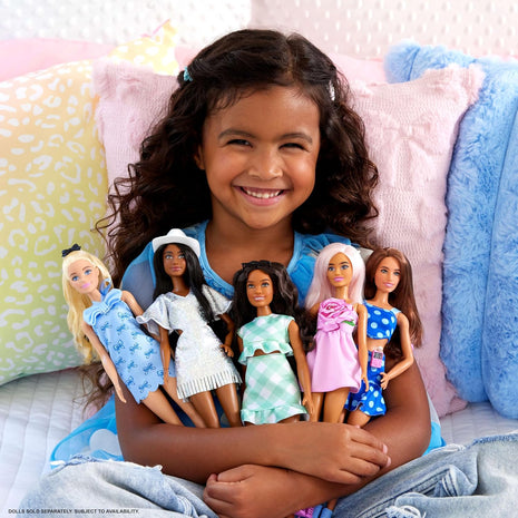 Barbie Fashionistas Doll #237 with Wavy Blonde Ponytail Wearing Blue Bow Halter Dress, Black Hair Bow Accessory and Matching Blue Heels | Blue Bow Halter Dress, Black Hair Bow Accessory, Matching Blue Heels